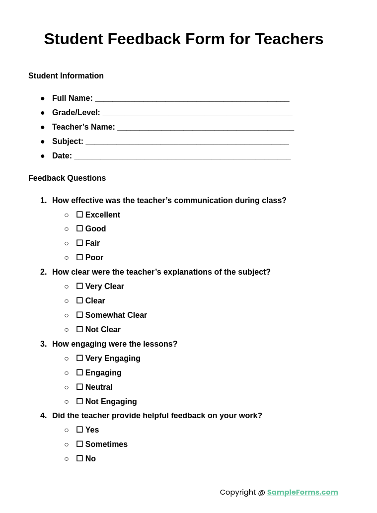 student feedback form for teachers