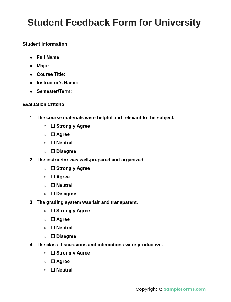 student feedback form for university