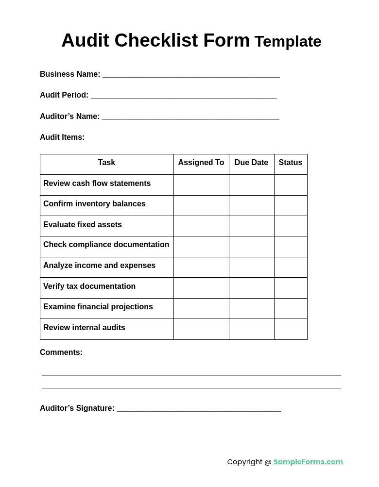 audit checklist form template