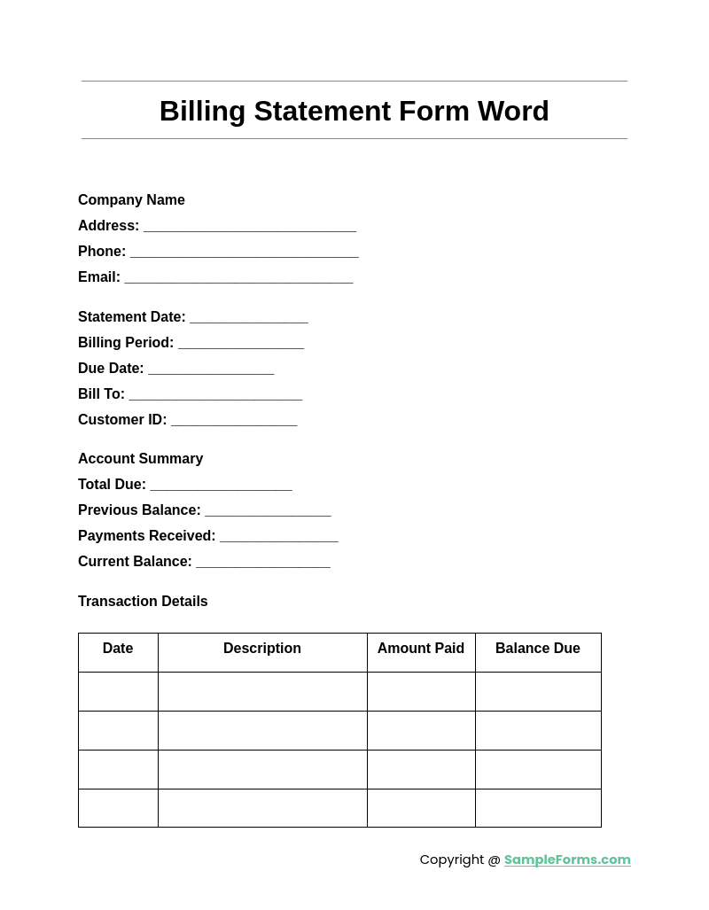 billing statement form word