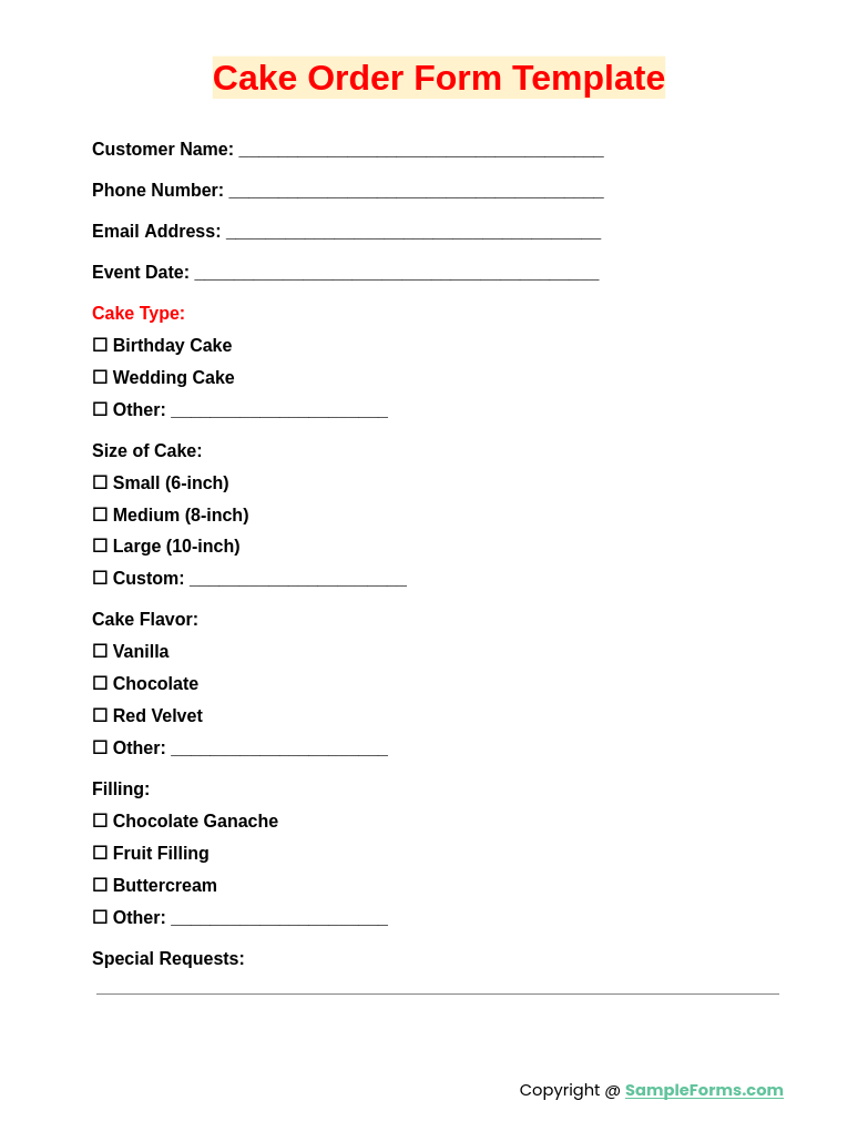 cake order form template