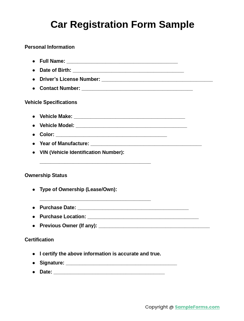 car registration form sample