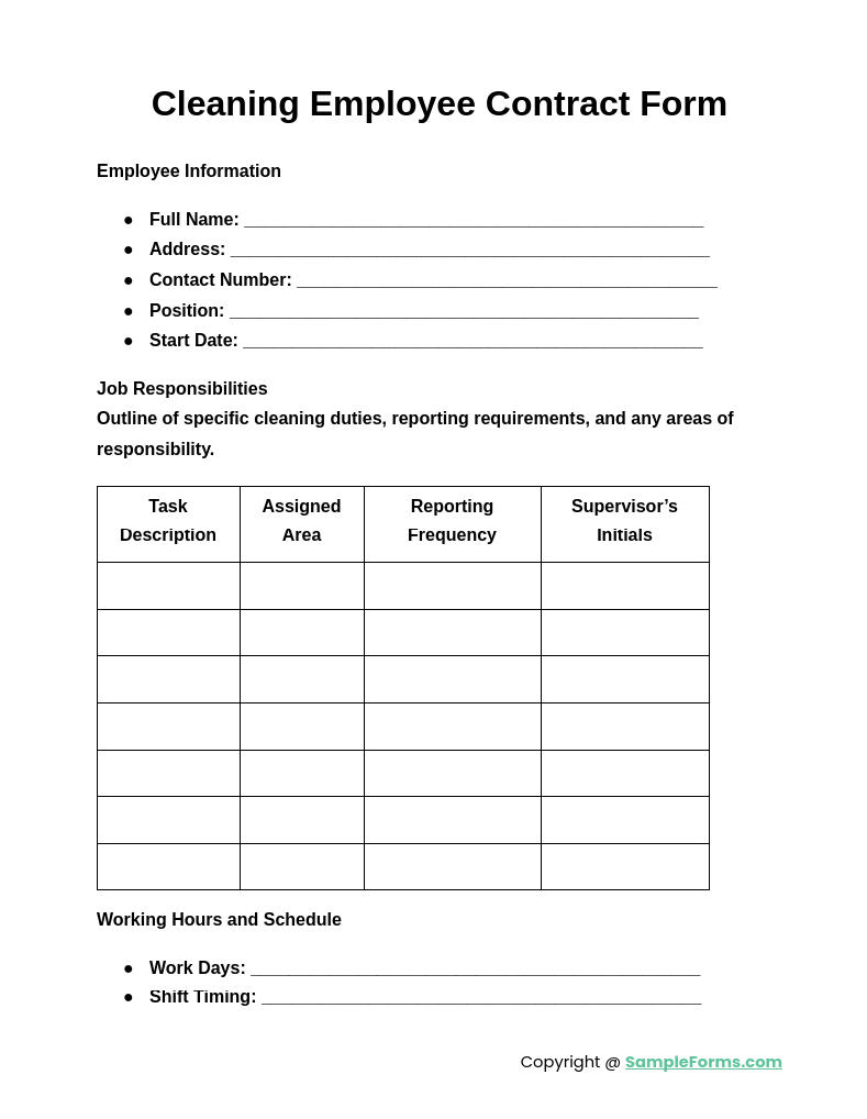 cleaning employee contract form