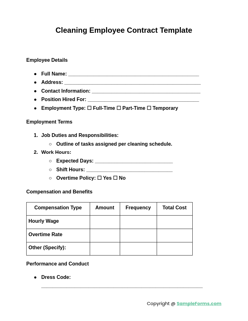 cleaning employee contract template