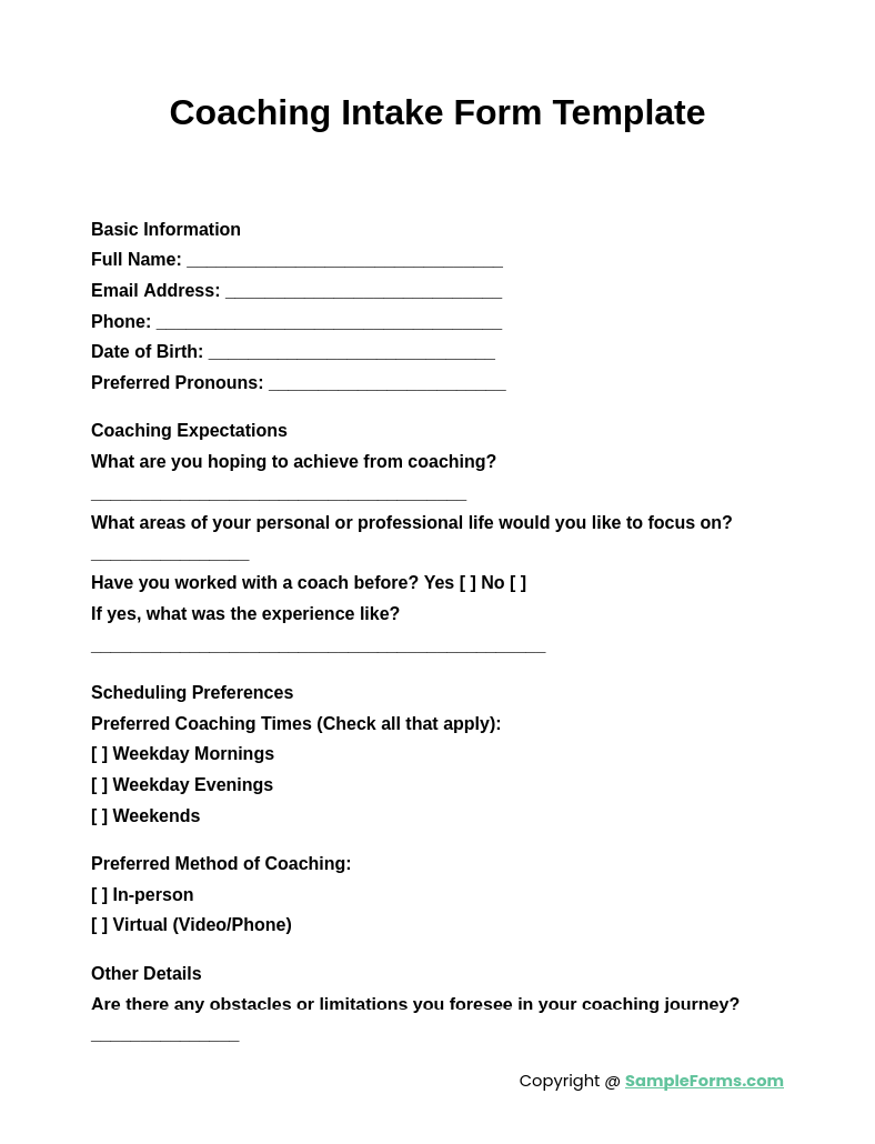 coaching intake form template