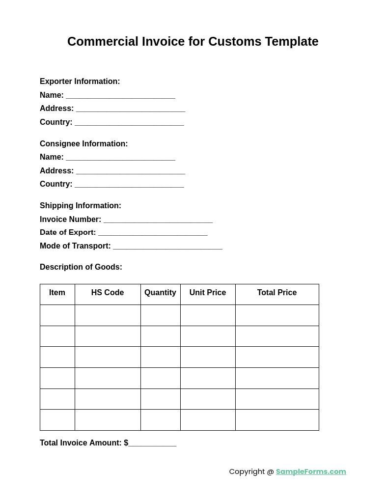 commercial invoice for customs template