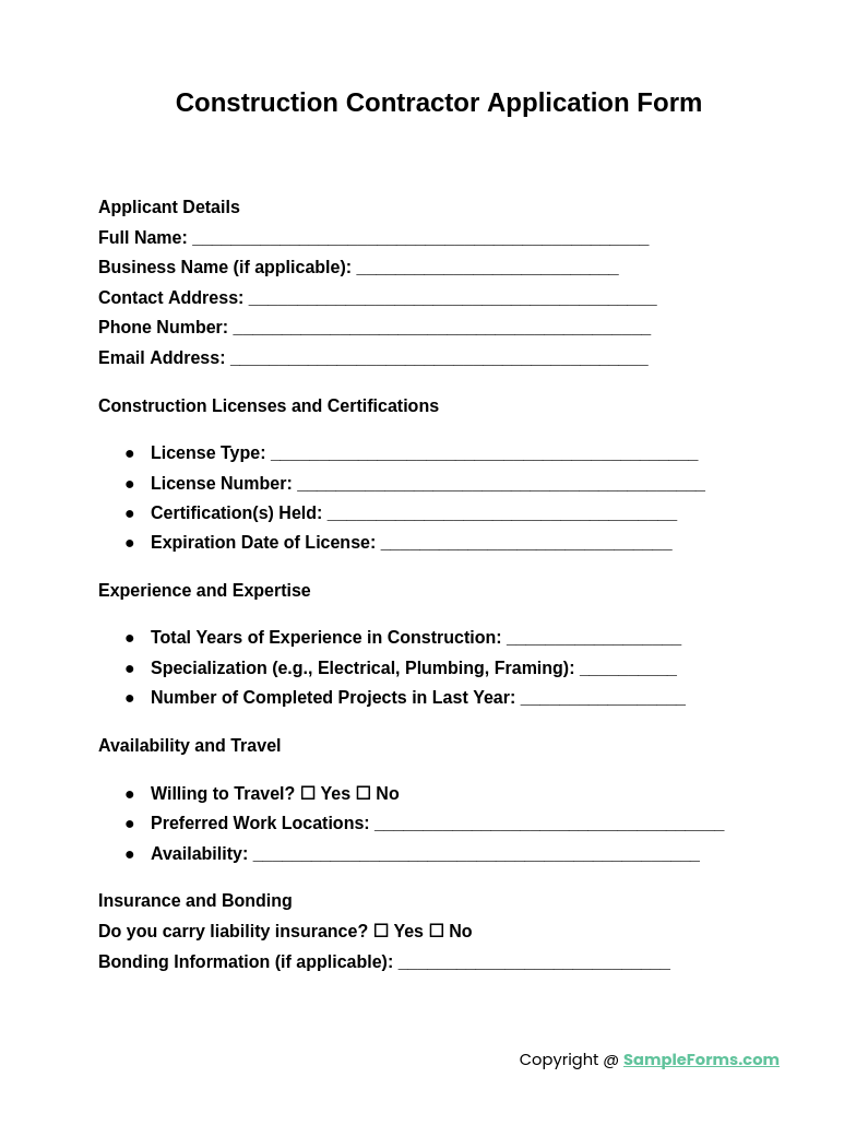 construction contractor application form