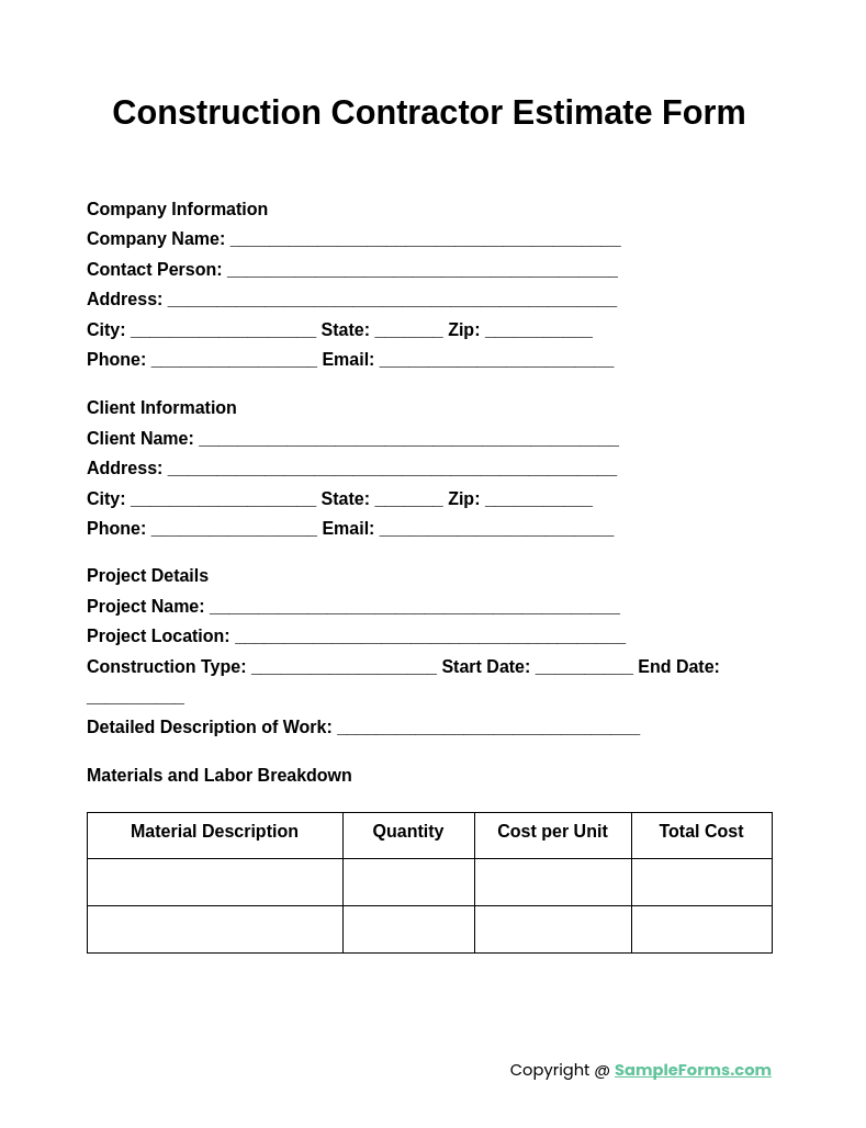 construction contractor estimate forms