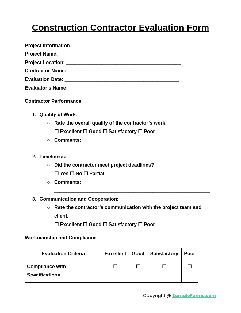 construction contractor evaluation form