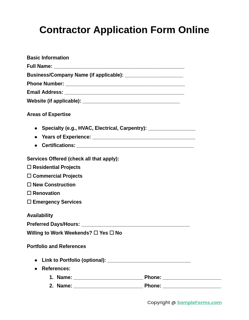 contractor application form online