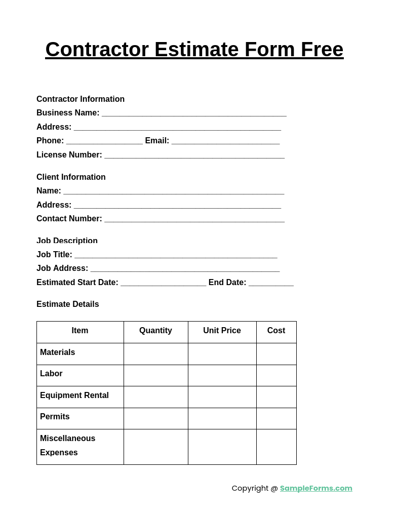 contractor estimate form free