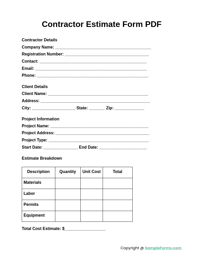 contractor estimate form pdf