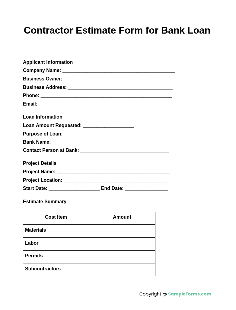 contractor estimate form for bank loan