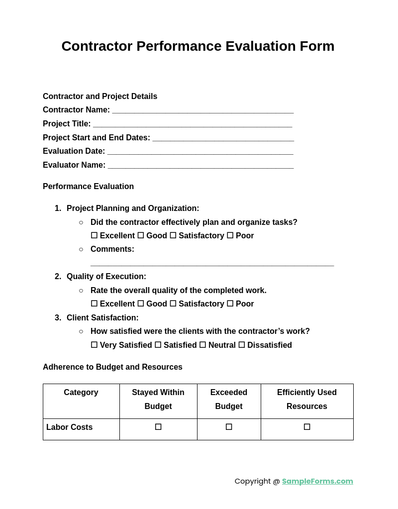 contractor performance evaluation form