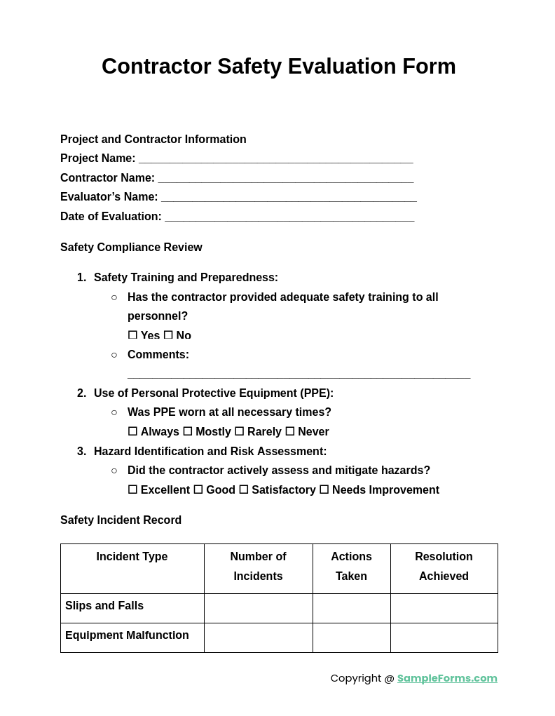 contractor safety evaluation form