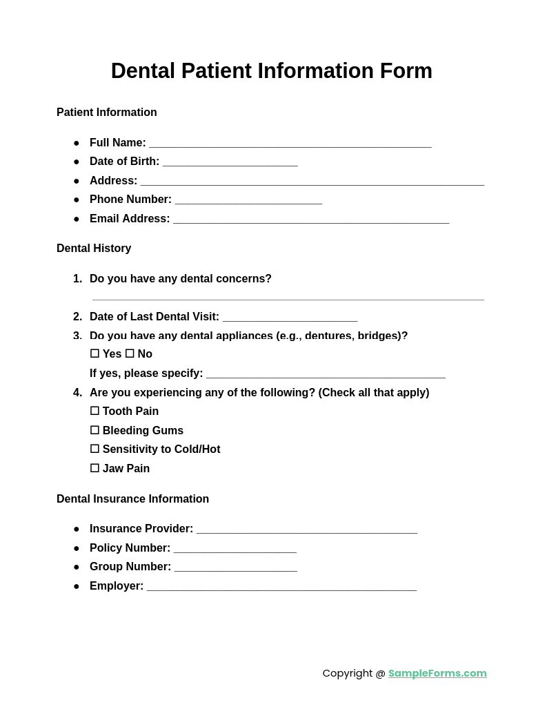 dental patient information form