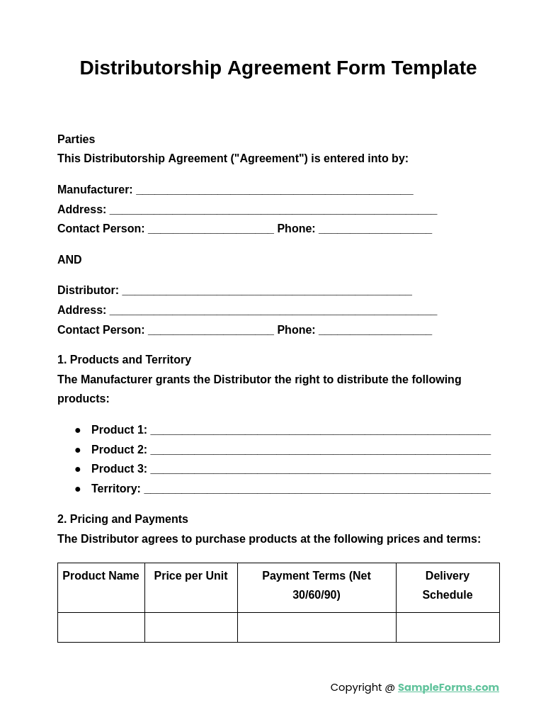 distributorship agreement form template