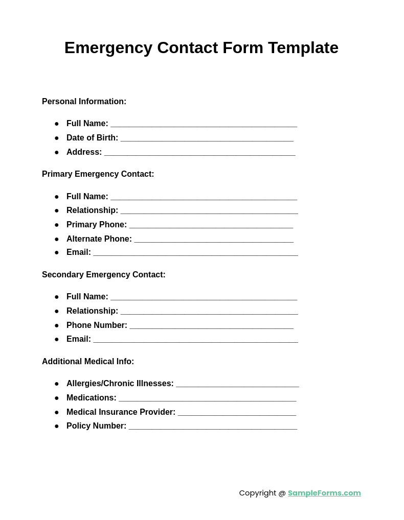 emergency contact form template