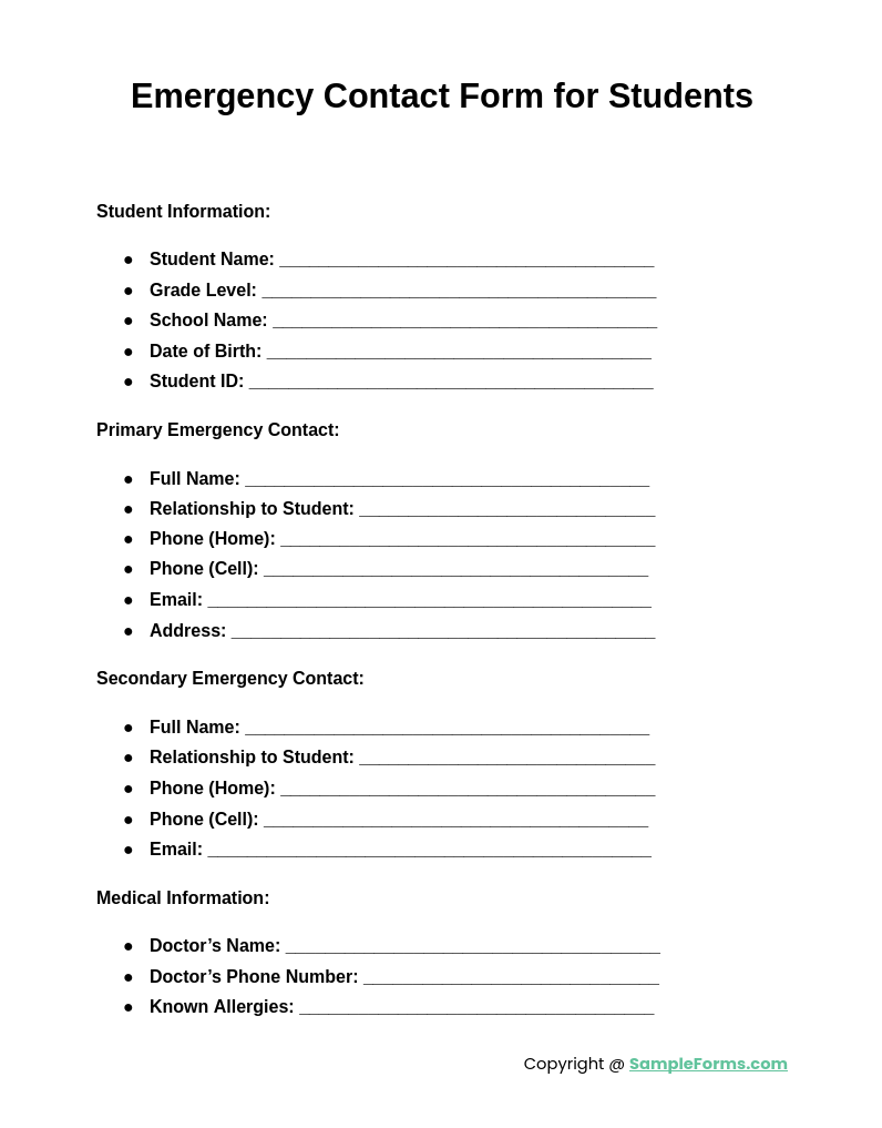 emergency contact form for students