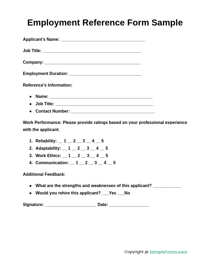 employment reference form sample