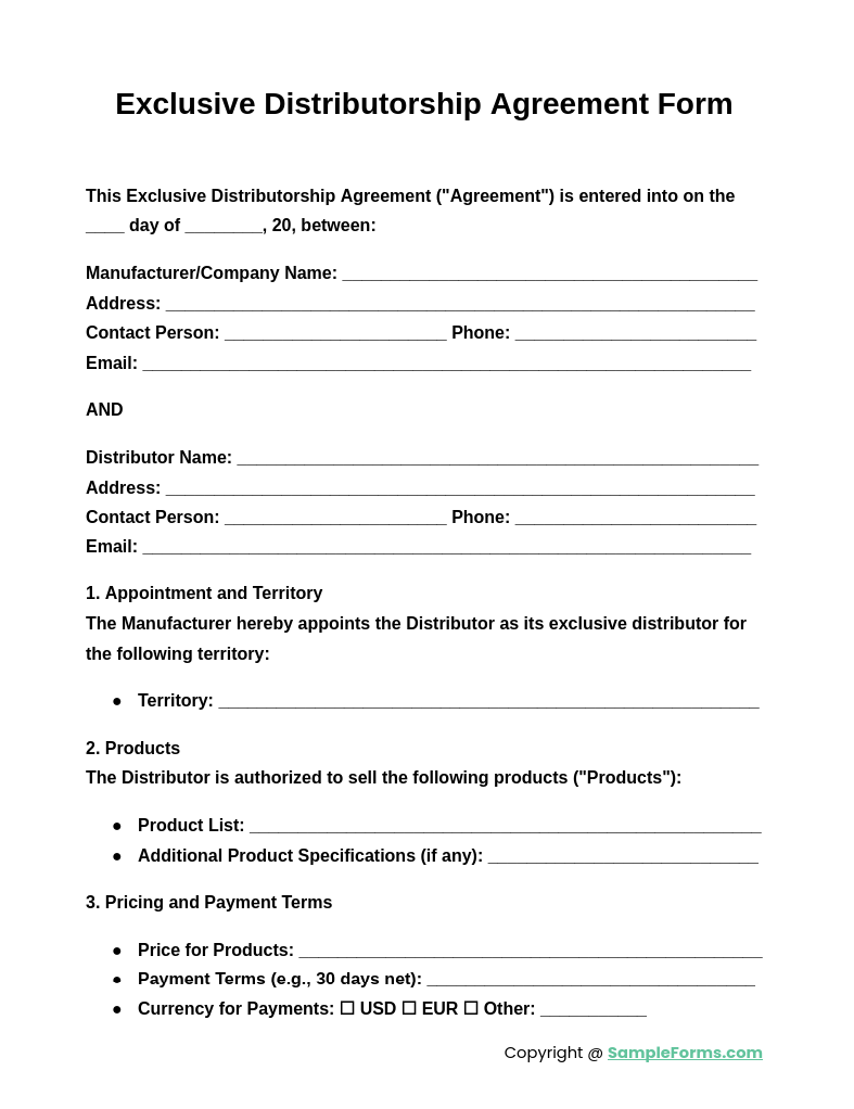 exclusive distributorship agreement form