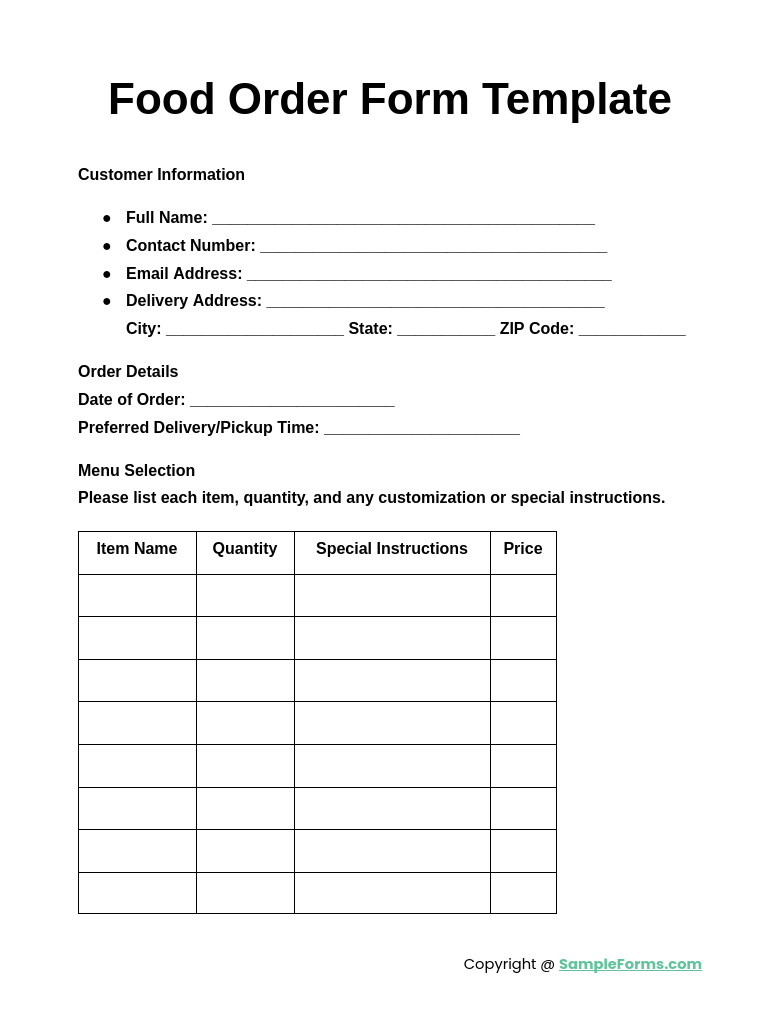 food order form template