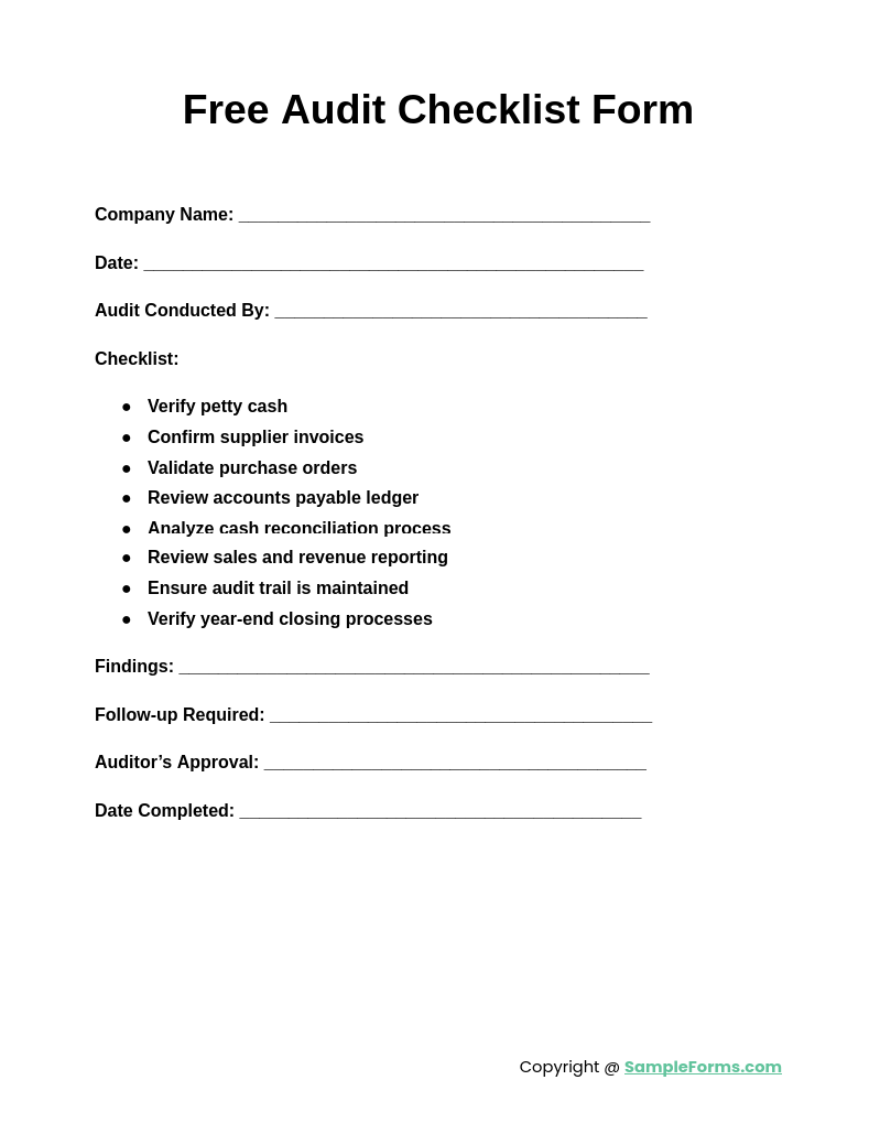 free audit checklist form