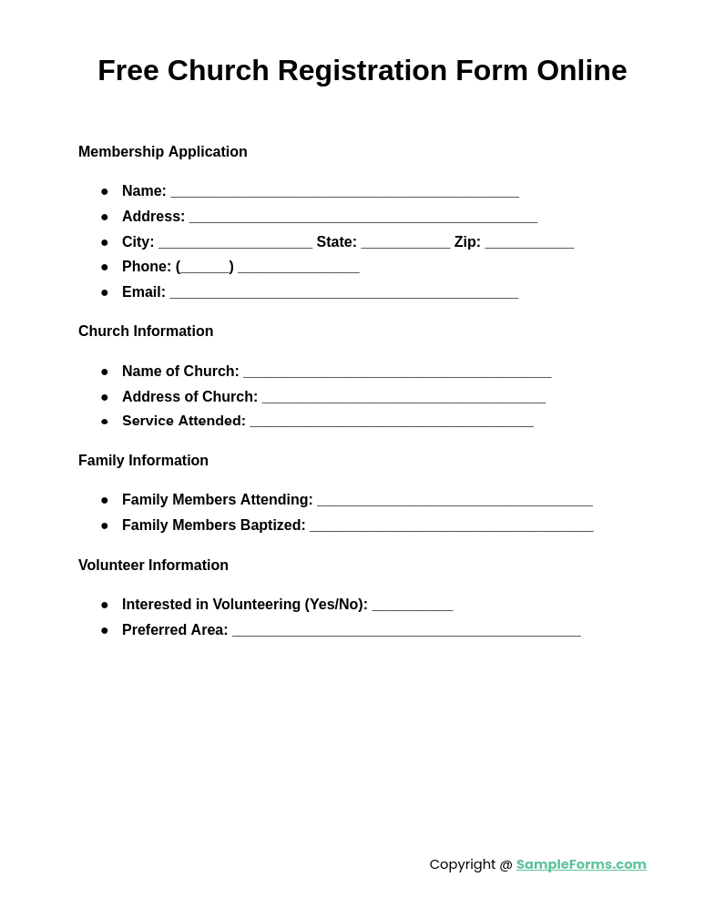 free church registration form online