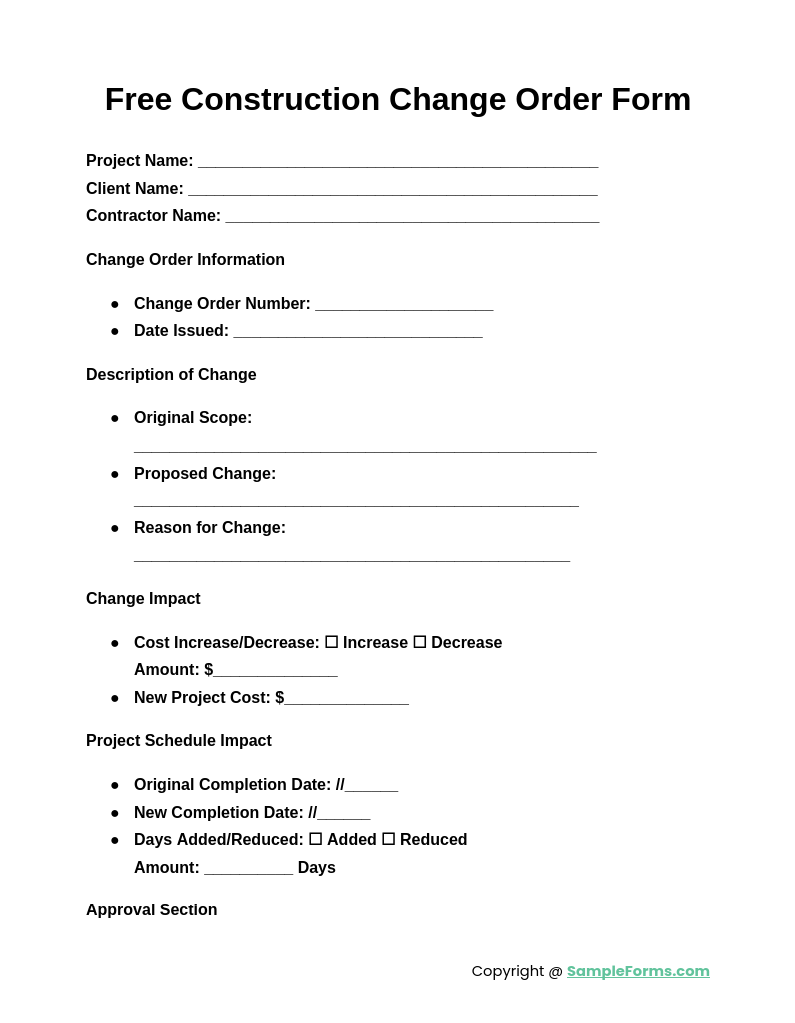 free construction change order form