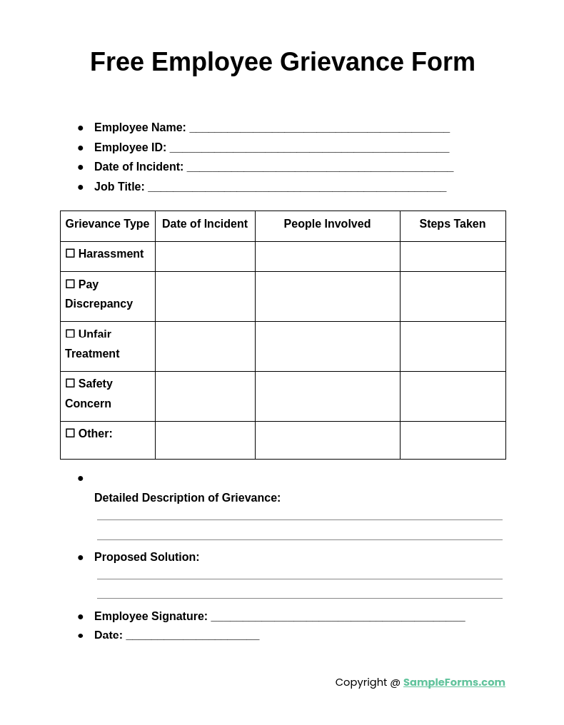 free employee grievance form