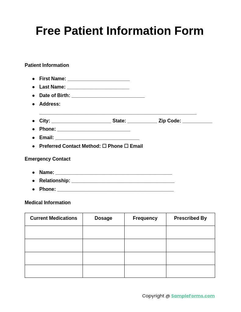 free patient information form