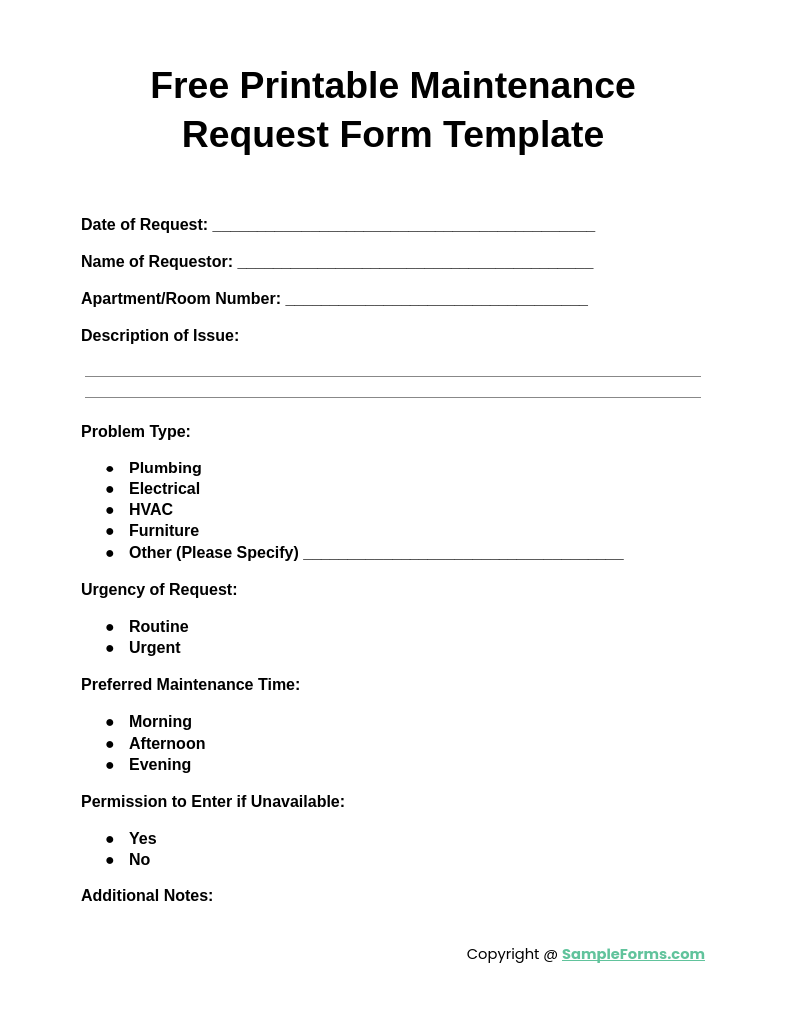 free printable maintenance request form template