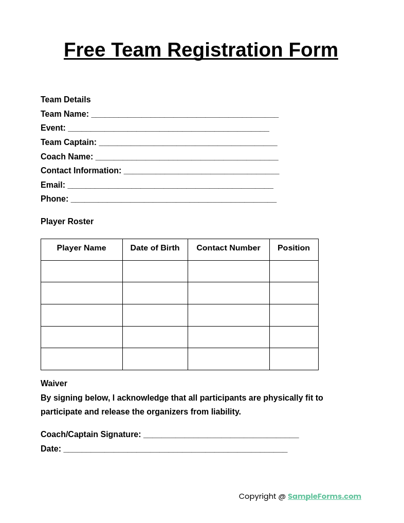 free team registration form