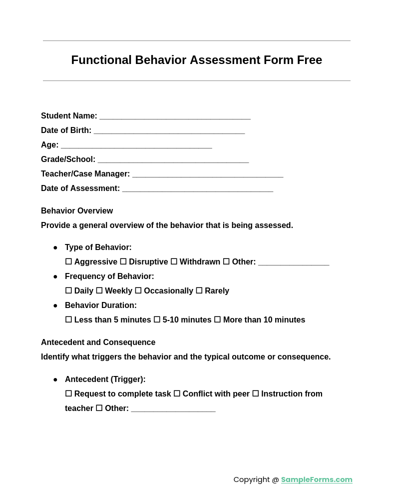 functional behavior assessment form free