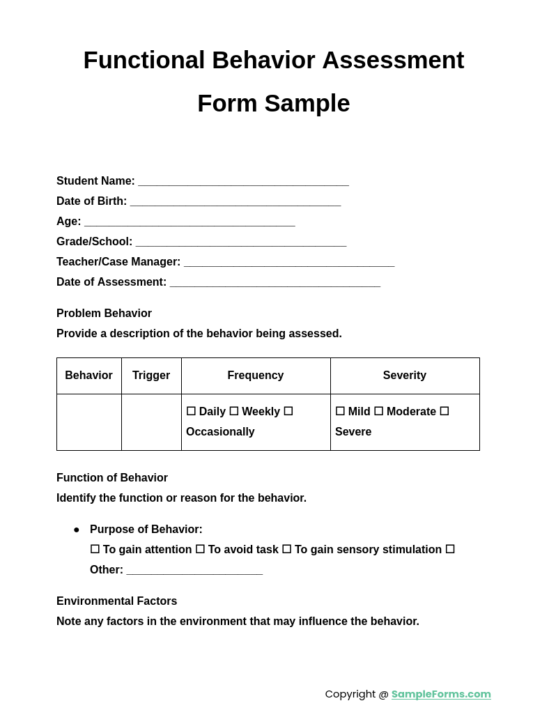 functional behavior assessment form sample