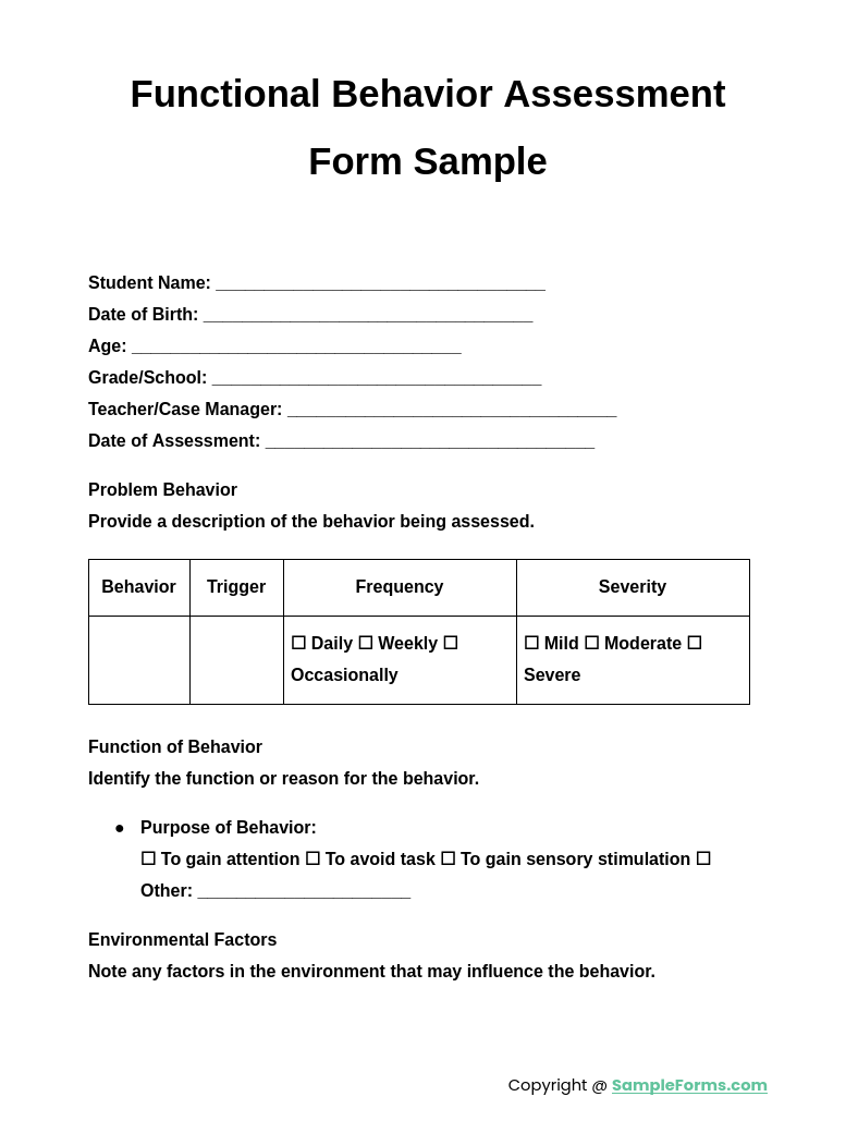 FREE 8+ Sample Functional Behavior Assessment Forms in MS Word | PDF