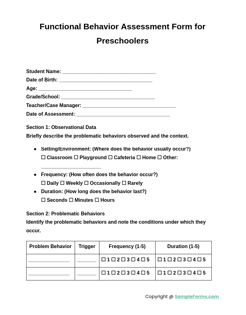 functional behavior assessment form for preschoolers