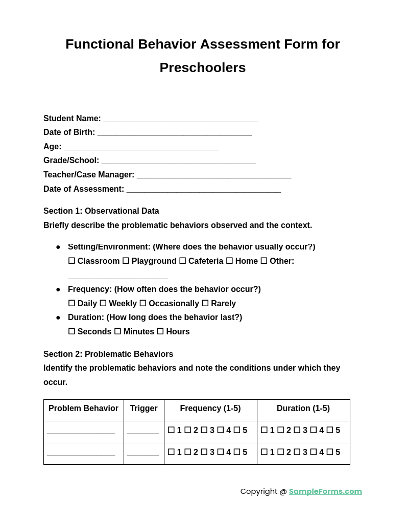 FREE 8  Sample Functional Behavior Assessment Forms in MS Word PDF