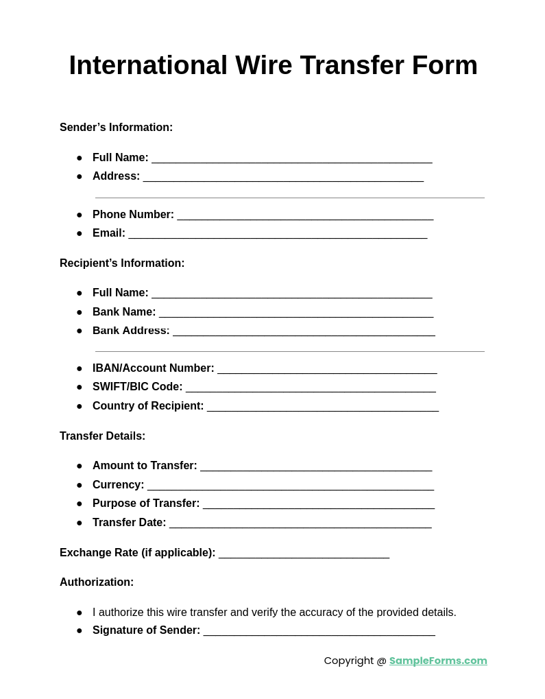 international wire transfer form