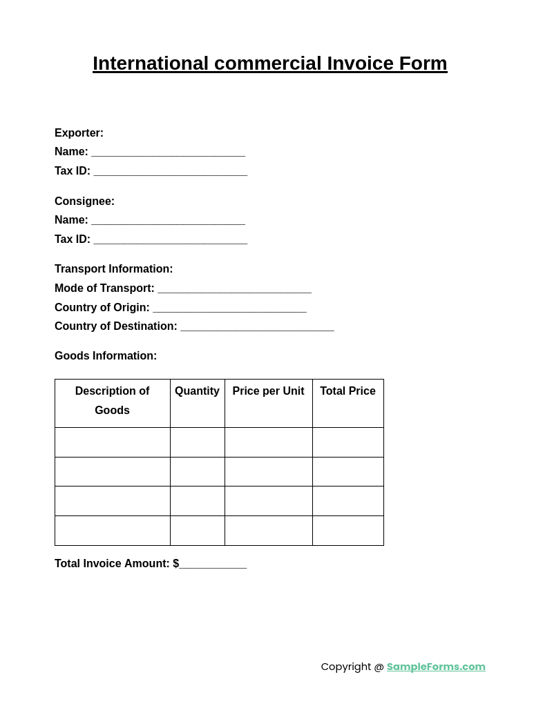 international commercial invoice form