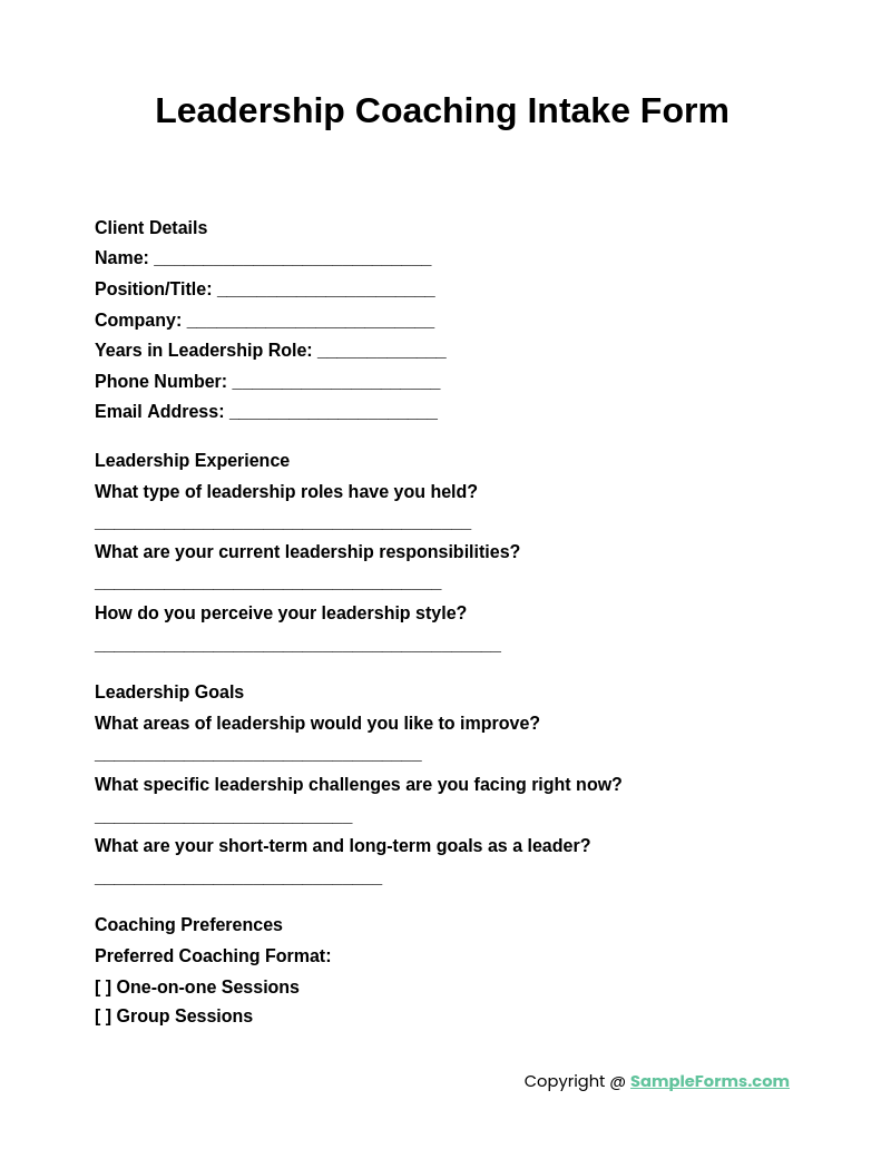 leadership coaching intake form