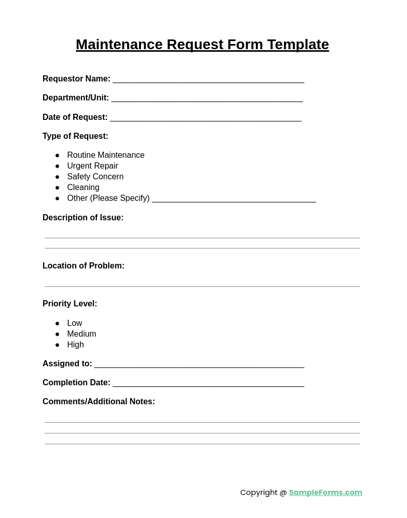 maintenance request form template