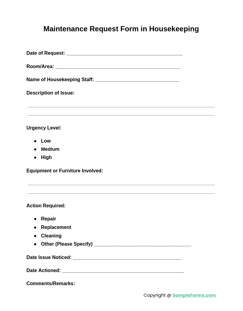 maintenance request form in housekeeping