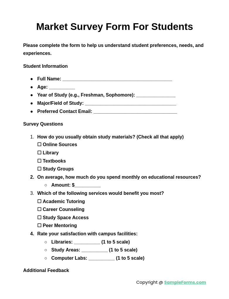 market survey form for student