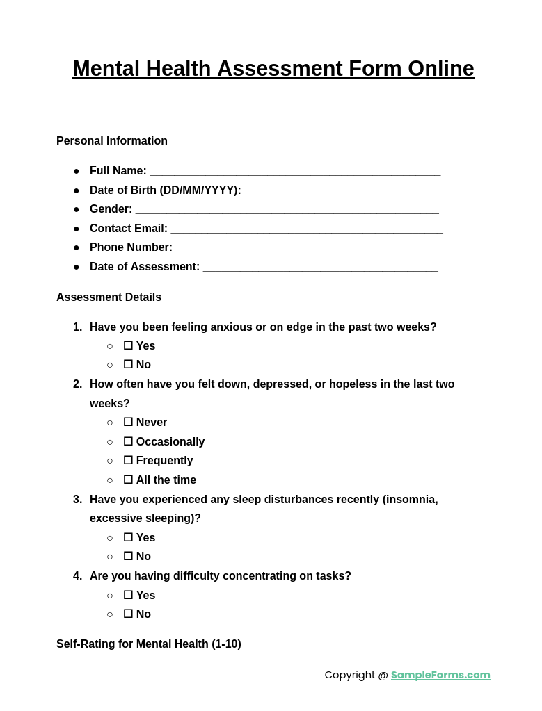 mental health assessment form online