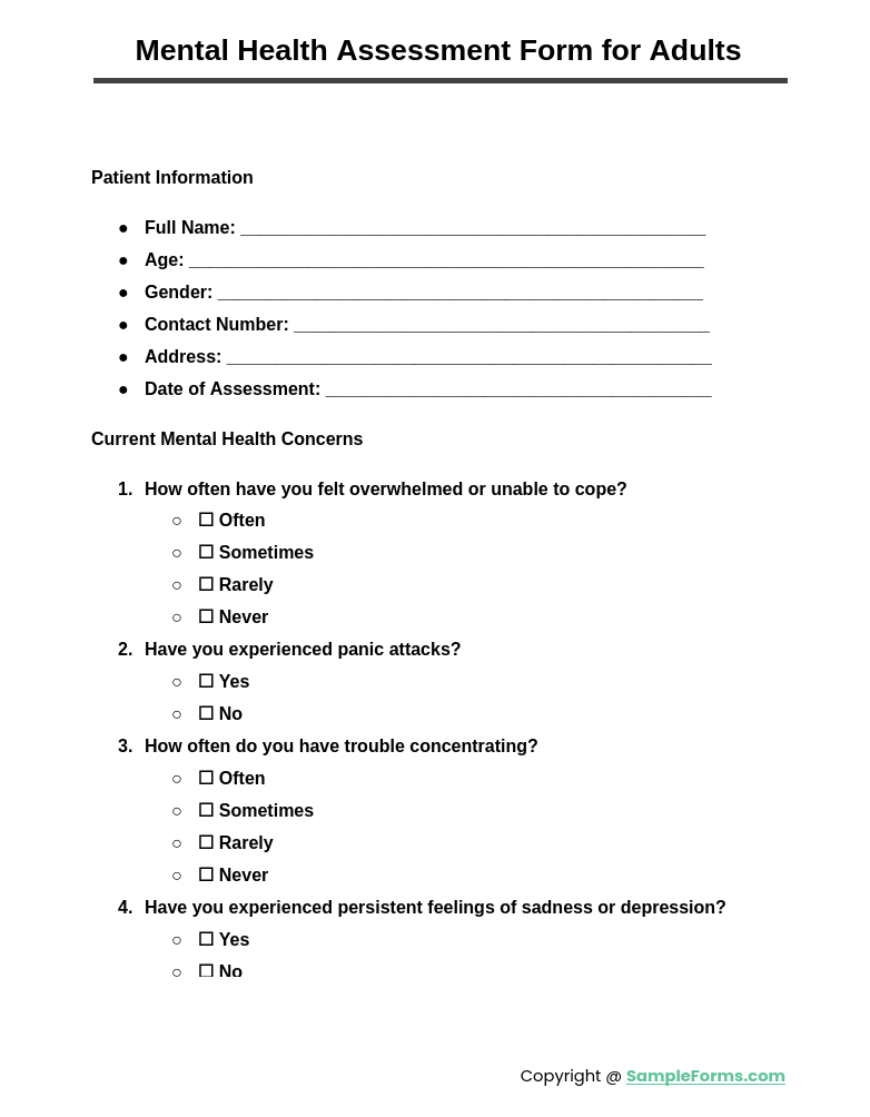 mental health assessment form for adults