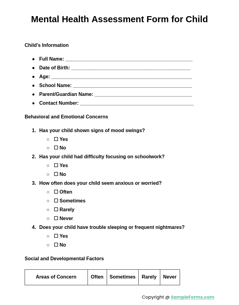 mental health assessment form for child