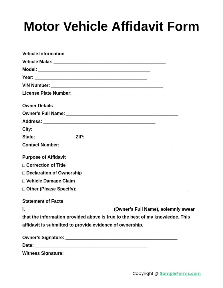 motor vehicle affidavit form