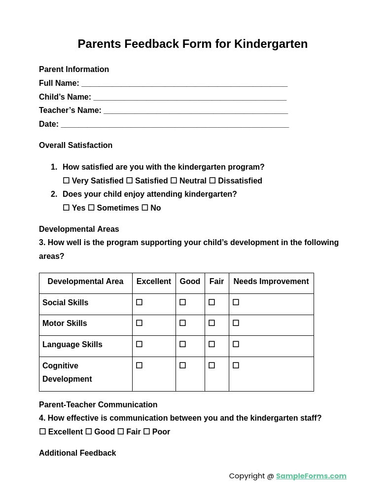 parents feedback form for kindergarten