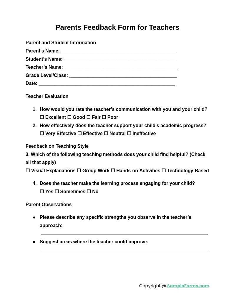 parents feedback form for teachers